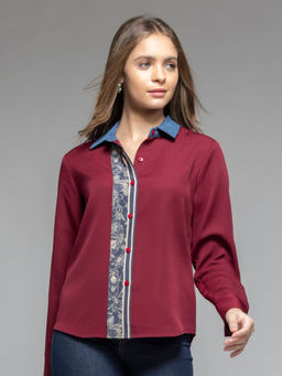 SHAYE - Collar Neck Maroon Printed Long Sleeves Casual Shirt for Women