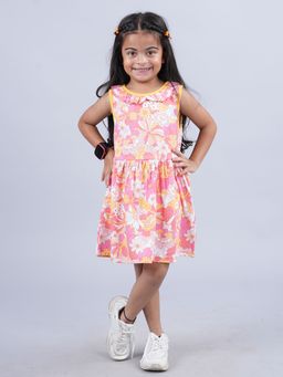 KiddoPanti - Girls Sleeveless Dress with Round Neck frill Multi-Color