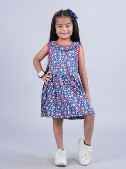 KiddoPanti - Girls Sleeveless Dress with Round Neck frill Navy Blue