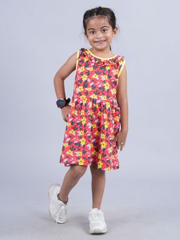 KiddoPanti - Girls Sleeveless Dress with Round Neck frill Red