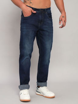 Cantabil - Men Solid Blue Flat Front Mid Rise Full Length Straight Fit Casual Jeans