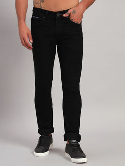Cantabil - Men Solid Black Flat Front Mid Rise Full Length Narrow Fit Casual Jeans