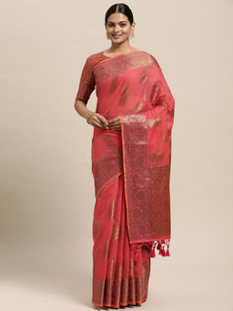 Sareemall - Womens Silk Blend Pink Woven Design Saree with Unstitched Blouse