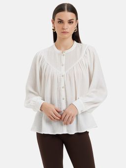 Kazo - Loose Fit Band Collar White Top With V Yoke
