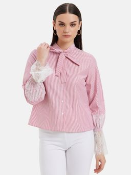 Kazo - Yarn Dyed Striped Shirt With Lace Sleeves