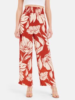 Kazo - Floral Printed Relaxed Soft Pants With Smocked Waistband