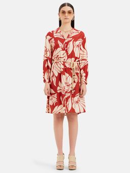 Kazo - Floral Printed Shirt Dress With Waist Tie-Up Belt (Set of 2)