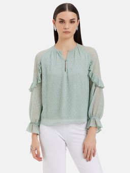 Kazo - Ruffle Detail Green Top With Raglan Sleeves