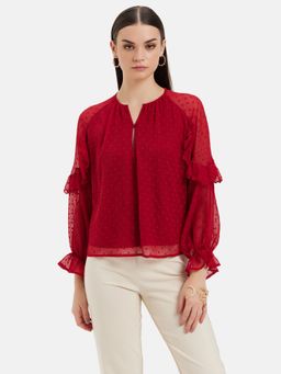 Kazo - Ruffle Detail Red Top With Raglan Sleeves