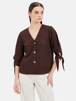 Kazo - Textured V-Neck Brown Top With Tie-Up At Sleeves