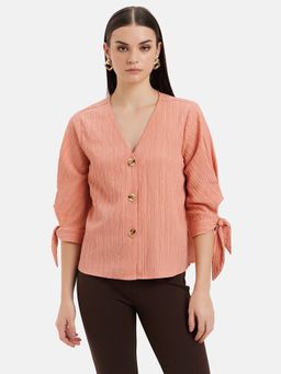 Kazo - Textured V-Neck Pink Top With Tie-Up At Sleeves