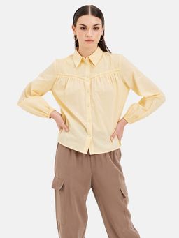 Kazo - Loose Fit Yellow Shirt With Tonal Embroidery At Yoke
