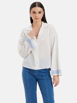Kazo - Loose Fit Notch Collared Shirt With Embroidered Sleeves