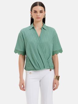 Kazo - Textured Surplice Top With Short Sleeves