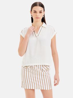 Kazo - Lace Insert Top With Polo Collar