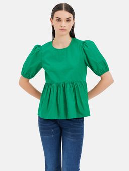 Kazo - Boxy Fit Top With Puff Sleeves And Gathers At Waist