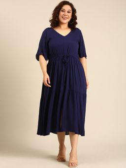 THE PINK MOON - Solid Navy Maxi Dress with Waist-Tie