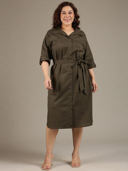THE PINK MOON - Olive Shirt Midi Dress with Belt