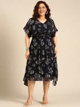 THE PINK MOON - Navy Lurex Smocking Midi Dress