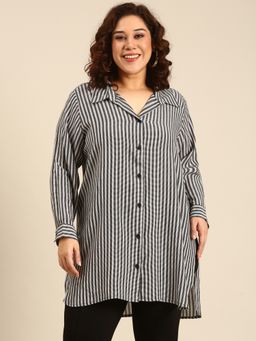 THE PINK MOON - Women Grey Striped Long-Line Shirt
