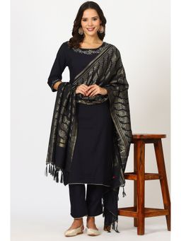 W - Navy Blue Embroidered Kurta and Pant with Dupatta (Set of 3)