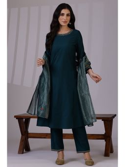 W - Dark Teal Dori Embroidered A-Line Kurta and Pant with Dupatta (Set of 3)