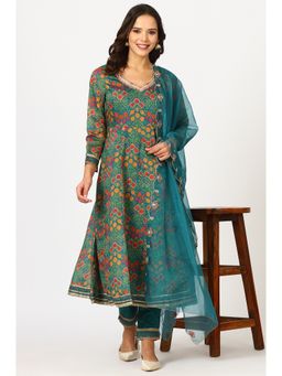 W - Teal Blue Floral Printed Flared Kurta and Pant with Dupatta (Set of 3)