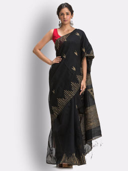 Angoshobha - Black Cotton Blended Handloom Jamdani Saree with Unstitched Blouse