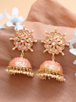 Karatcart - Gold Plated Floral Design Pink Meena and Pearl Jhumki Earrings for Women