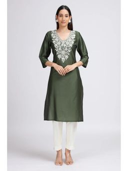 Cotton Culture - Green Floral Embroidered Straight Kurta