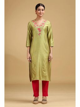 Cotton Culture - Lime Green Embroidered Straight Kurta