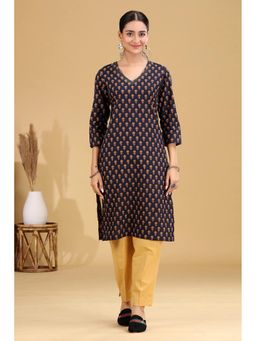 Cotton Culture - Navy Blue Floral Printed Cotton Straight Kurta