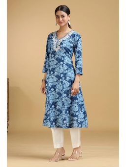 Cotton Culture - Blue Floral Embroidered Cotton A-Line Kurta