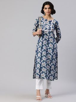 Swishchick - Teal Floral Printed Straight Kurta