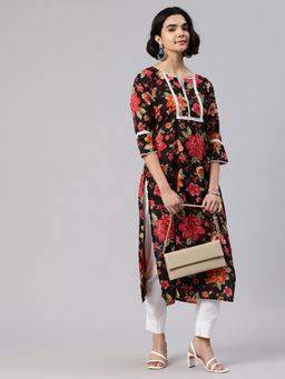 Swishchick - Black Floral Printed Straight Kurta