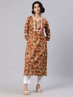 Swishchick - Brown Floral Printed Straight Kurta