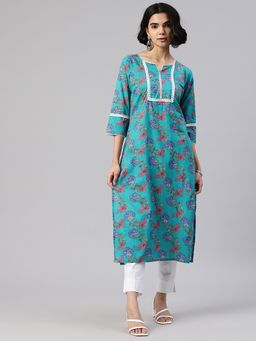 Swishchick - Blue Floral Printed Straight Kurta