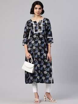 Swishchick - Black Floral Printed Straight Kurta