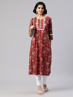 Swishchick - Red Floral Printed Straight Kurta