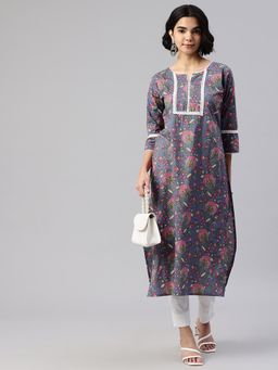 Swishchick - Grey Floral Printed Straight Kurta