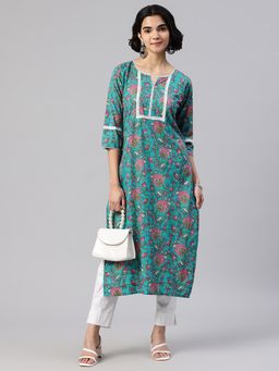 Swishchick - Blue Floral Printed Straight Kurta