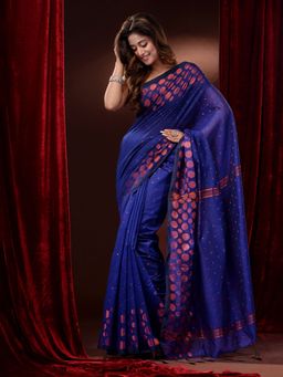CHARUKRITI - Navy Blue Cotton Blend Geometric Motifs and Zari Stripes Saree with Unstitched Blouse