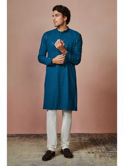 Manyavar - Blue Blended Viscose Mandarin Collar Kurta Churidar (Set of 2)