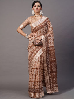 Akhilam - Women Cotton Blend Brown Printed Designer Saree with Unstitched Blouse Piece