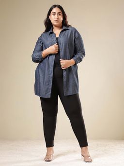 Amydus - Blue Plus Size Denim Cotton High Slit Longline Shirt