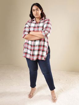 Amydus - White Plus Size CheckeWhite Cotton Flannel Longline Shirt