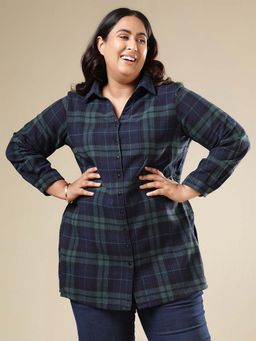 Amydus - Navy Blue Plus Size Check Cotton Flannel Longline Shirt
