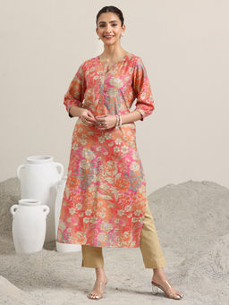 Libas - Peach Printed Silk Blend Straight Kurtas for Women