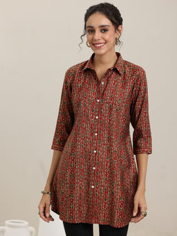 Libas - Rust Printed Silk Blend Straight Short Kurtis for Women