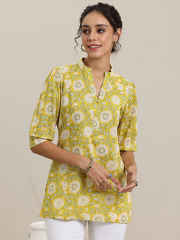 Libas - Yellow Printed Cotton Straight Short Kurtis for Women